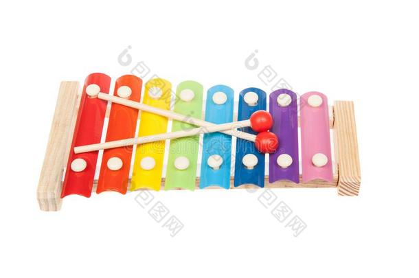 彩虹有色的玩具木琴,隔离的向白色的