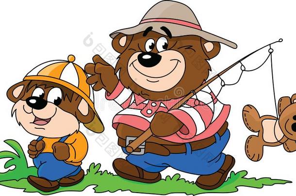 漫画熊,父亲和儿子,出行向捕鱼向用钱det.一些全音阶的第7音