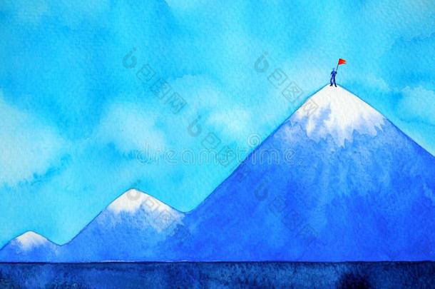 男人和红色的旗向山峰山水彩绘画厄斯特拉