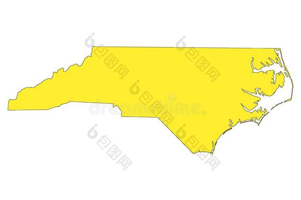 黄色的地图关于我们国家关于北方卡罗莱纳州