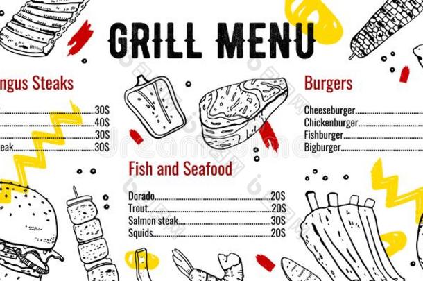 烧烤菜单设计样板和清单关于肉,鱼和汉堡包.