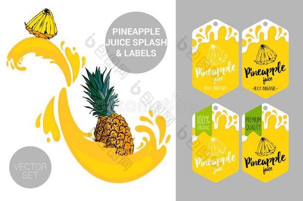 漫画菠萝将切开和果汁斑点.有机的成果标签