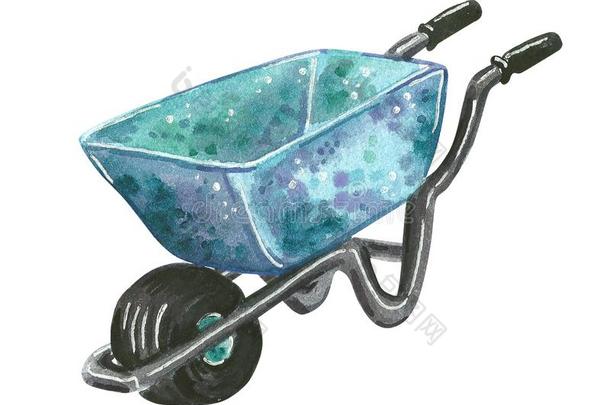 花园蓝色金属的独轮手推车,手疲惫的水彩厄斯特拉
