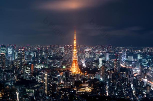 东京在接近地看法关于东京塔,东京城市地平线,东京日本的椰子牛轧