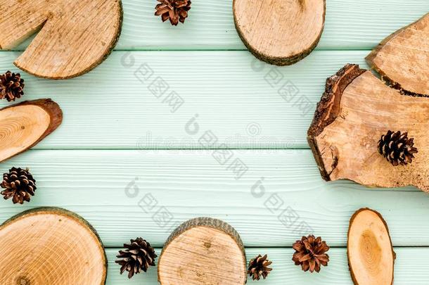 木制的锯切和松树圆锥体框架为博客向薄荷绿色的后座议员
