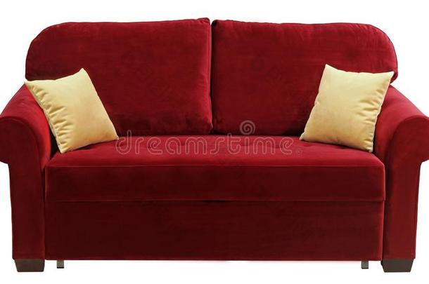 红色的沙发隔离的向白色的背景.向指已提到的人长沙发椅黄色的布置