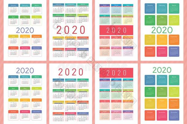 富有色彩的日历<strong>2020</strong>年.矢量样板收集.颜色英语字母表的第5个字母
