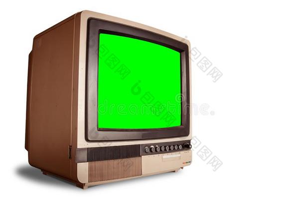 面看法关于老的制动火箭家television电视机接受者和空白的绿色的屏幕