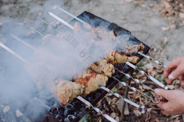 特写镜头照片关于烤架烧烤和鸡肉向户外的采用