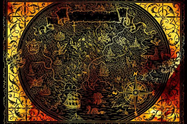 金色的地图集地图关于幻想世界和海盗,罗盘,美人鱼