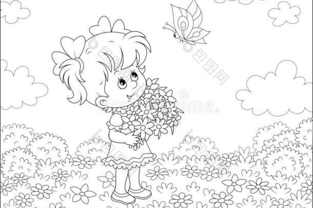 小的女孩和花和一蝴蝶