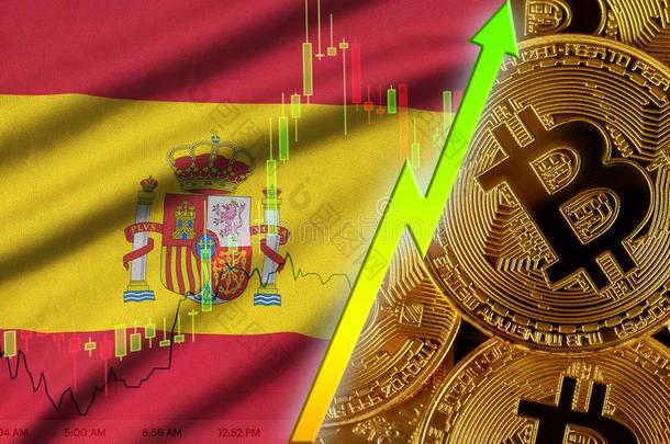 西班牙旗和加密货币生长的走向和许多金色的一点