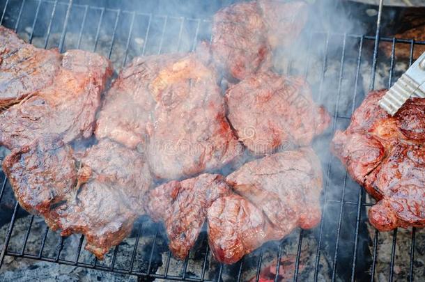 夏自然烧烤barbecue吃烤烧肉的野餐肉,烘烤过的烹饪术