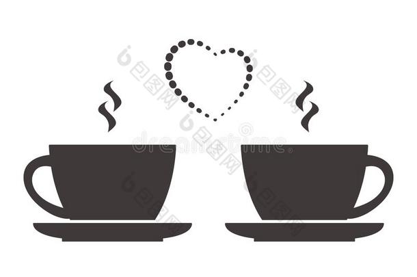 两个杯子关于热的喝和心.爱,浪漫的早餐或喧闹声