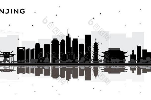 <strong>南京</strong>中国城市地平线轮廓和黑的<strong>建筑</strong>物和英语字母表的第18个字母