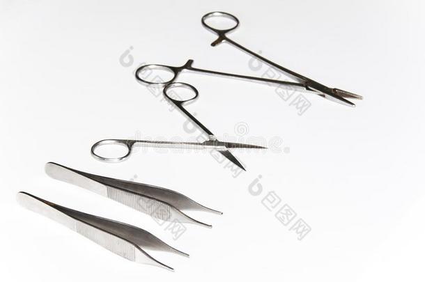 外科的器具镊子,钳子,夹紧指已提到的人刀片,外科手术刀,
