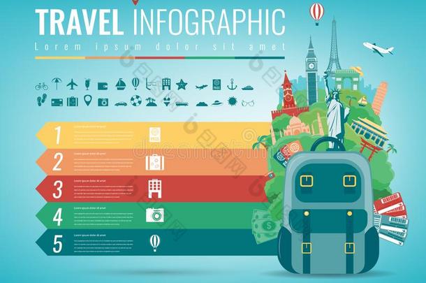 旅行信息图和世界陆标.信息图表为巴士