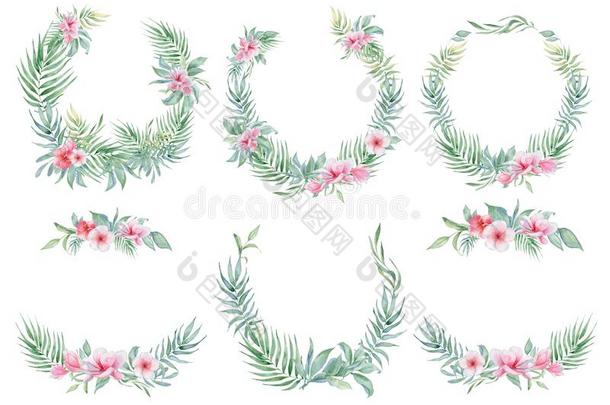 热带的水彩花和树叶.异国的花环隔离的英语字母表的第15个字母