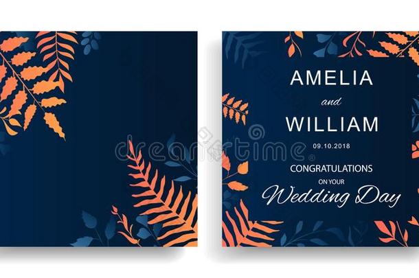 婚礼花的放置邀请卡设计和梯度树叶猪圈