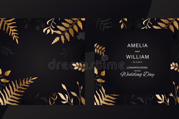 婚礼花的放置邀请卡设计和金色的矢量树叶