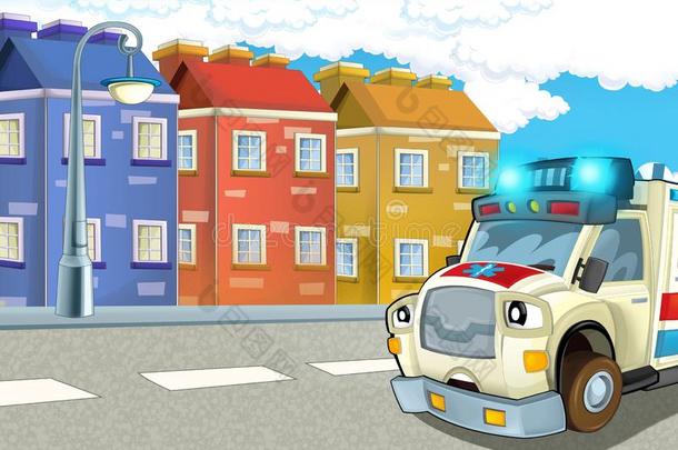 漫画地点和救护车汽车和有关运动的汽车汽车在城市极