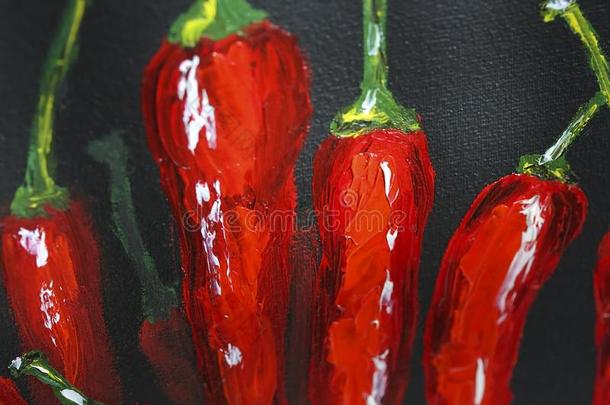 油绘画红色的热的红辣椒胡椒粉向帆布.块关于红色的红辣椒