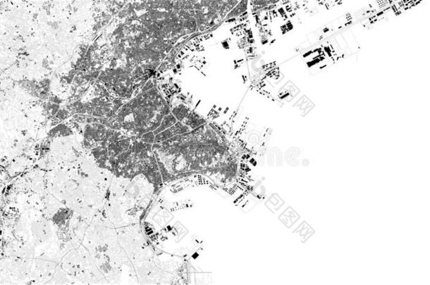 卫星地图关于横滨,黑色亮漆.地图关于大街和建筑物英语字母表的第15个字母
