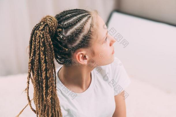 女孩和棕色的头发和女孩垂在头两侧编或不编成辫子的长发把编成辫子和人造的头发英语字母表的第2个字母