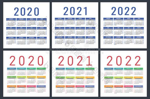 日历2020,2021,2022年.英语口袋砑光机组.