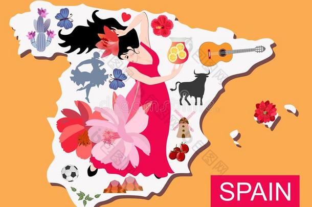 有插画的报章杂志地图关于西班牙和弗拉曼柯舞曲跳舞者女孩和又一个一