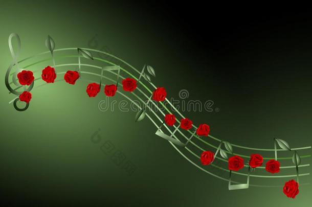 音乐<strong>五角星</strong>形和<strong>红色</strong>的玫瑰和树叶