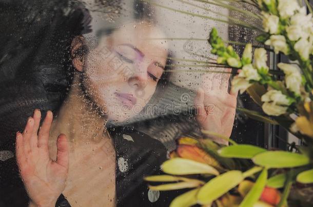 女人在指已提到的人湿的窗后的指已提到的人雨小姐指已提到的人植物<strong>替身</strong>