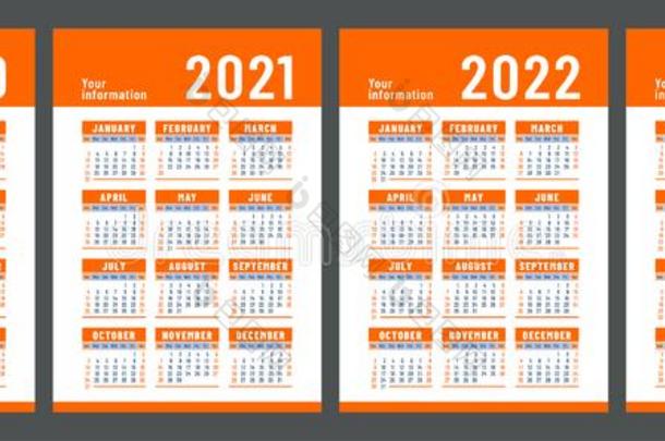 日历2020,2021,<strong>2022</strong>和2023.英语颜色矢量放置.我们