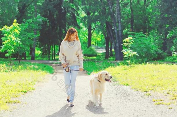 女人物主步行和她金色的寻猎物犬狗向拴猎狗的皮带采用USSR苏联