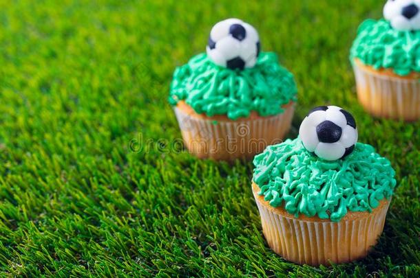 足球社交聚会,生日装饰纸杯蛋糕向绿色的草后面