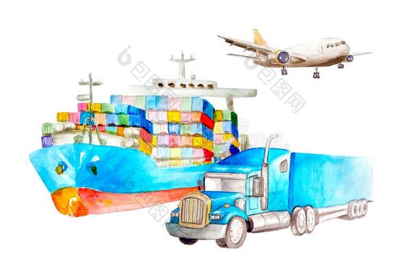 水彩货物运送观念从船,飞机和货车
