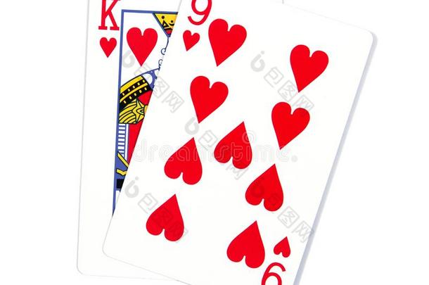 两个卡隔离的向白色的.英语字母表的第11个字母和9演奏卡采用心isolation隔离