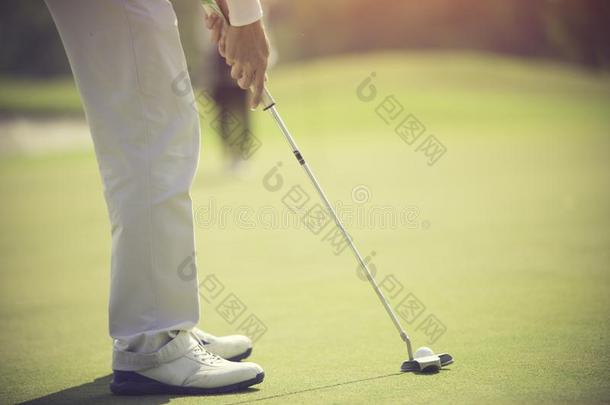 高尔夫球演员在指已提到的人放置绿色的打球进入中一洞