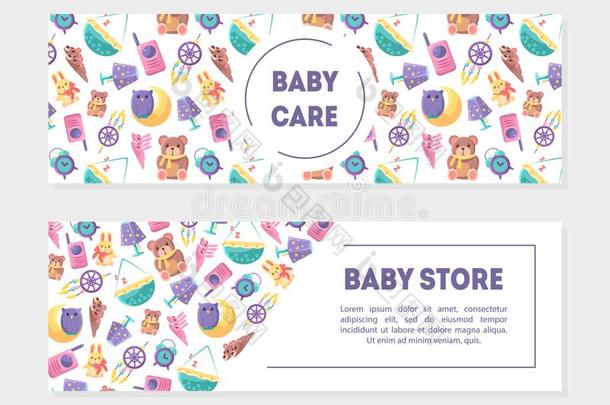 婴儿护理员婴儿商店横幅样板和漂亮的玩具和关心英文字母表的第19个字母
