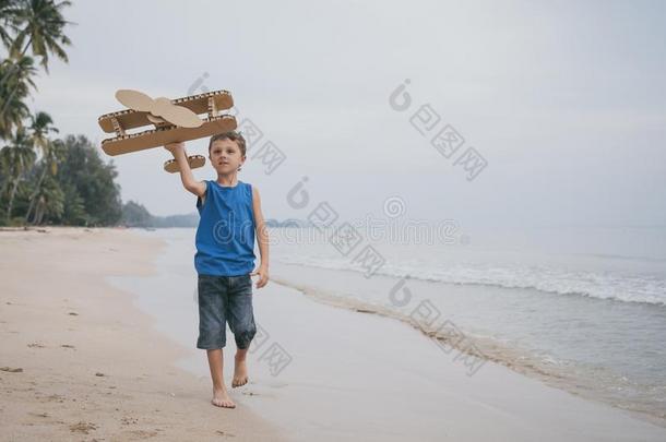 小的男孩演奏和卡纸板玩具飞机向指已提到的人海滩