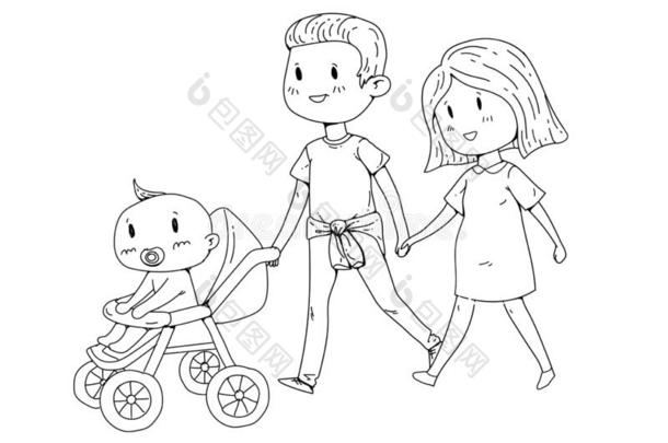 漫画家庭和怀孕的女人和小的孩子们.