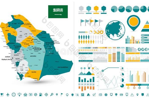 沙特阿拉伯国家的阿拉伯半岛地图和信息图表设计原理