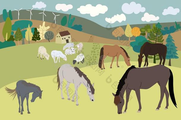 乡下的乡村风景,农舍,马和羊向小山