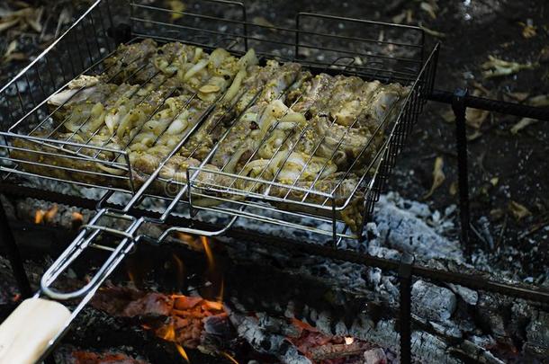 烹饪术猪肉肋骨向指已提到的人火.希什河烤腌羊肉串向指已提到的人烧烤,烧烤