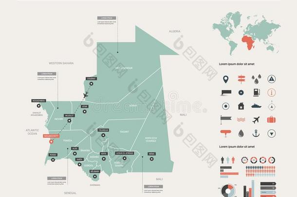 矢量地图关于毛利塔尼亚.国家地图和分开,城市和