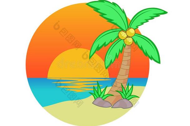 椰子树和日落在海滩漫画