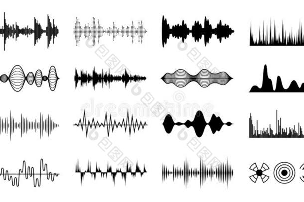 声音波放置.黑的数字的无线电音乐的波浪.听觉的声音