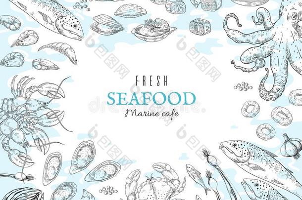手疲惫的海产食品背景.鱼饭店海报,美食家英语字母表中的第四个字母