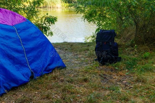 蓝色野营帐篷和背包采用森林在近处一河