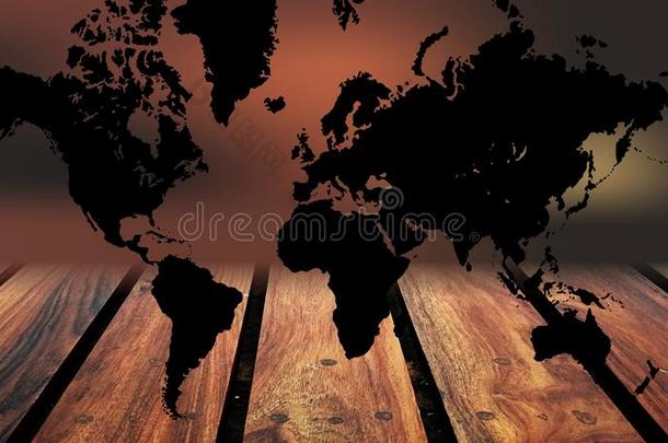 <strong>世界地图</strong>木材背景.一<strong>世界地图</strong>向木材表背景.